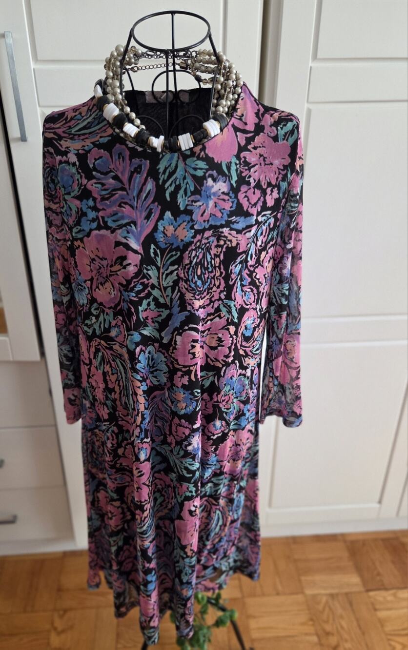Harlow & Rose Women's Pink Rose Floral Flare Dress Long Sheer Sleeve Sz M